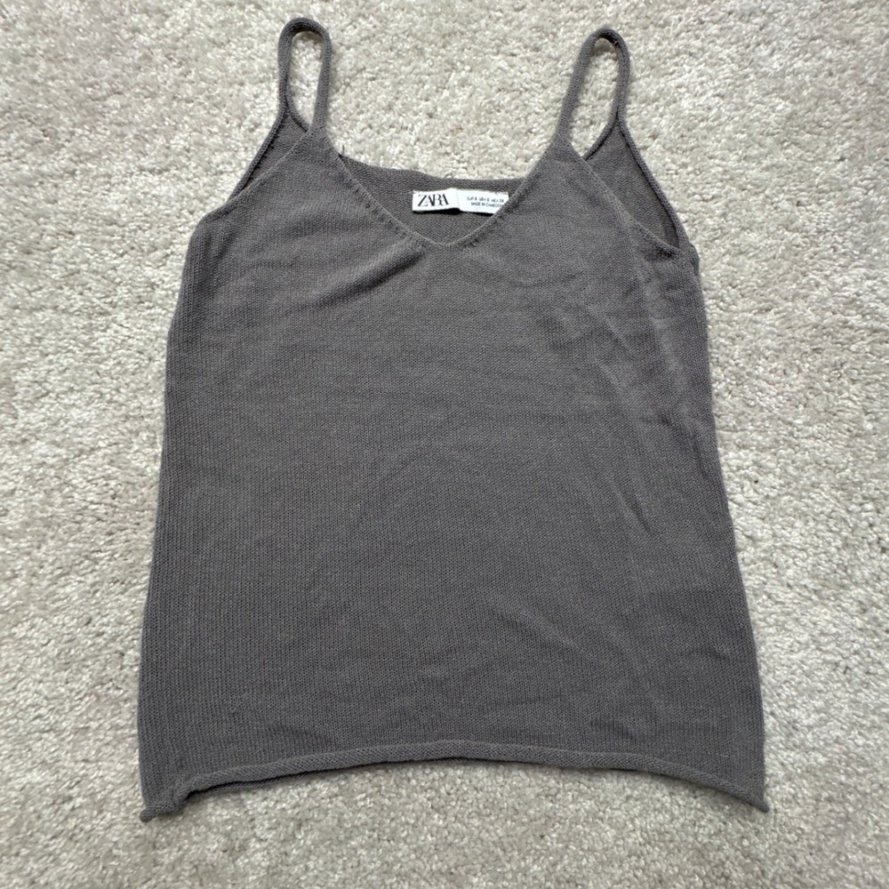 Zara Knit Camisole Women Size S Grey V-Neck Spaghetti Strap Tank Top